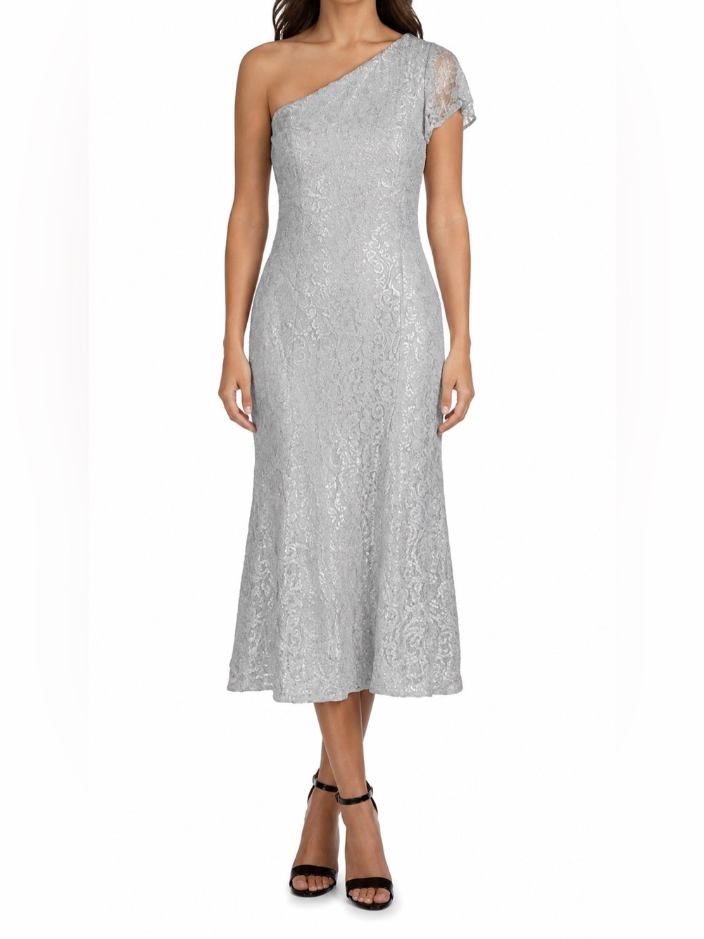 Lauren Ralph Lauren Silver Floral Lace Midi Dress